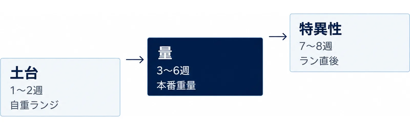 8週間を土台・量・特異性の3期に分けて積み上げた図
