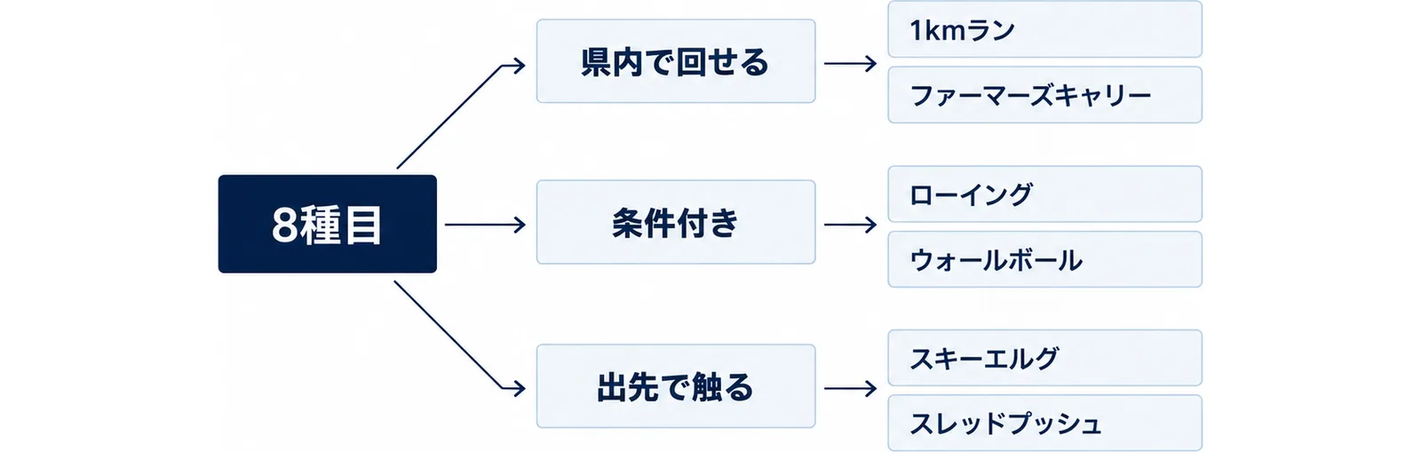 8種目を県内で回せるもの・条件付き・出先で触るものに振り分けた図