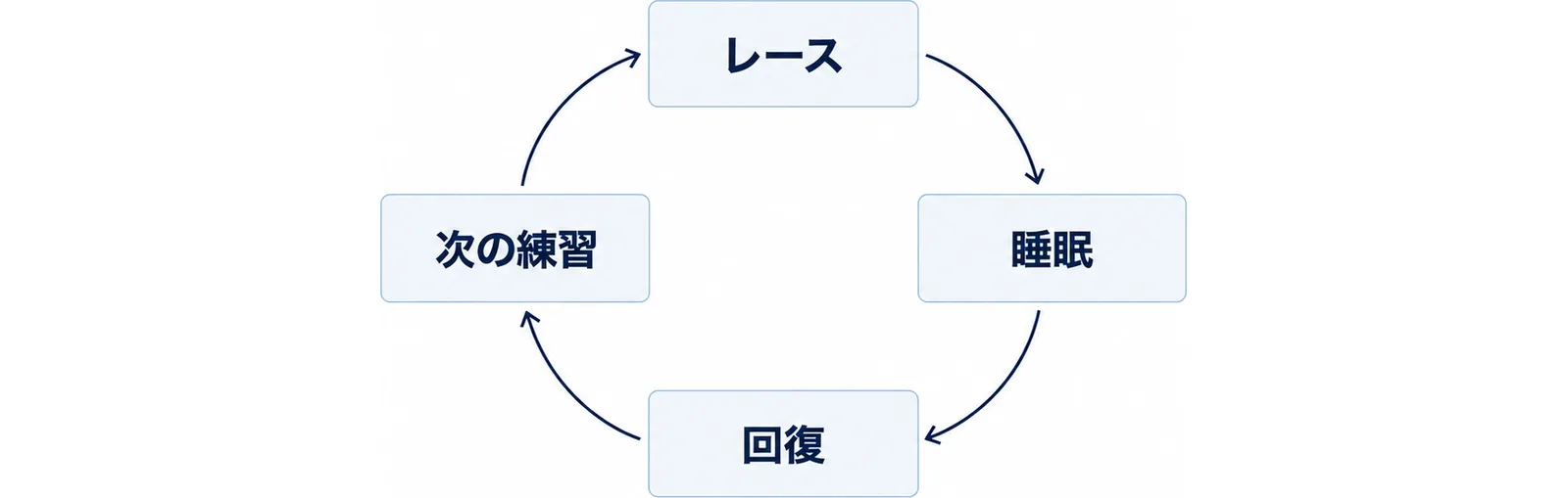 レースから睡眠・回復・次の練習へと円を描いて戻る図
