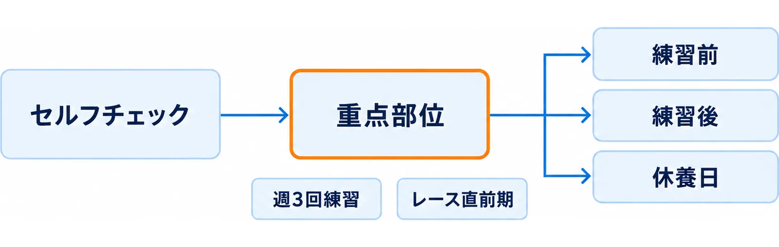 セルフチェックで引っかかった関節だけを週の練習日に差し込む判断の流れを示した図